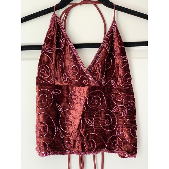 Passport Tops - VINTAGE • Velvet Beaded Halter Backless Top